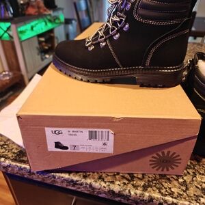 UGG Black Leather Boots with Lace-Up Design